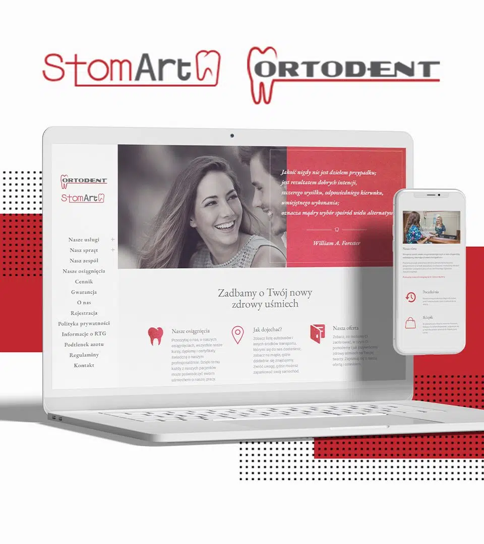 Projekt strony internetowej StomArt i Vrtodent z podglądem mobilnym na białym tle