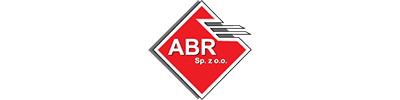 Logo ABR Sp. z o.o. w czerwonym rombie z białym napisem i szarymi liniami po prawej