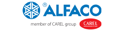 Logo ALFACO, member of CAREL group, z czerwonym znakiem CAREL