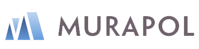 Logo Murapol w fioletowo-zielonej kolorystyce z geometrycznym symbolem po lewej