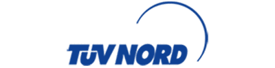 Niebieskie logo TUV NORD z półokręgiem nad napisem