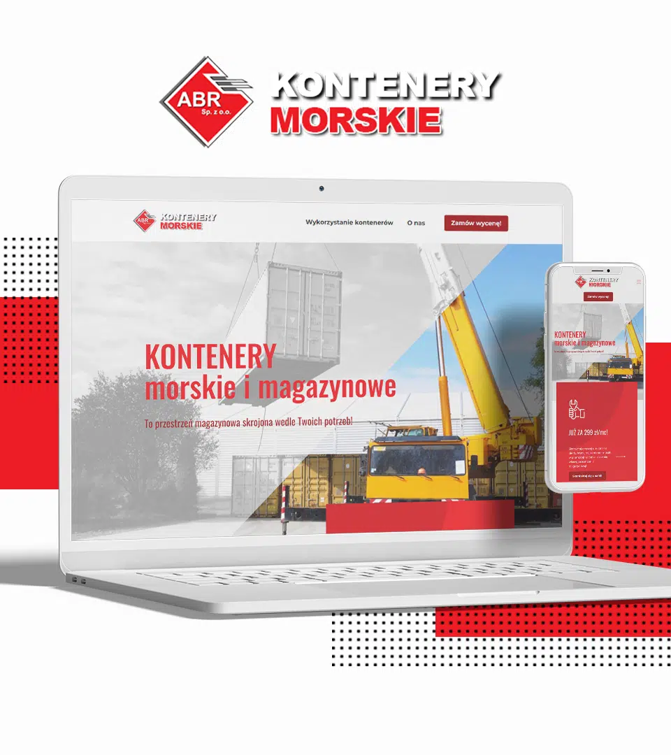 Makieta strony ABR Kontenery Morskie na laptopie i smartfonie, grafika z kontenerem transportowym