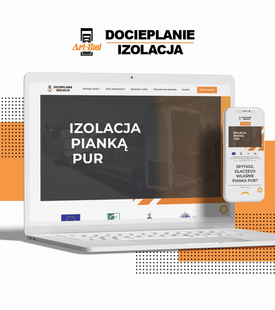 Laptop i smartfon z widokiem strony o izolacji pianką PUR na tle pomarańczowych elementów graficznych