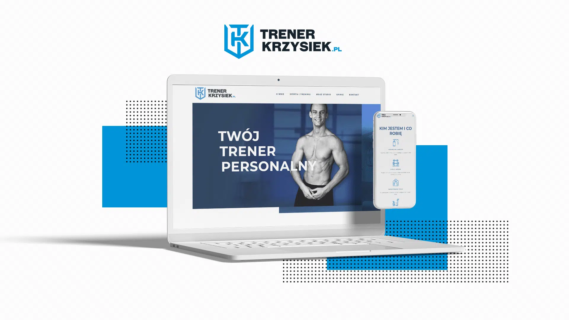 Laptop i smartfon z grafiką trenera personalnego i napisem Twój trener personalny na niebieskim tle