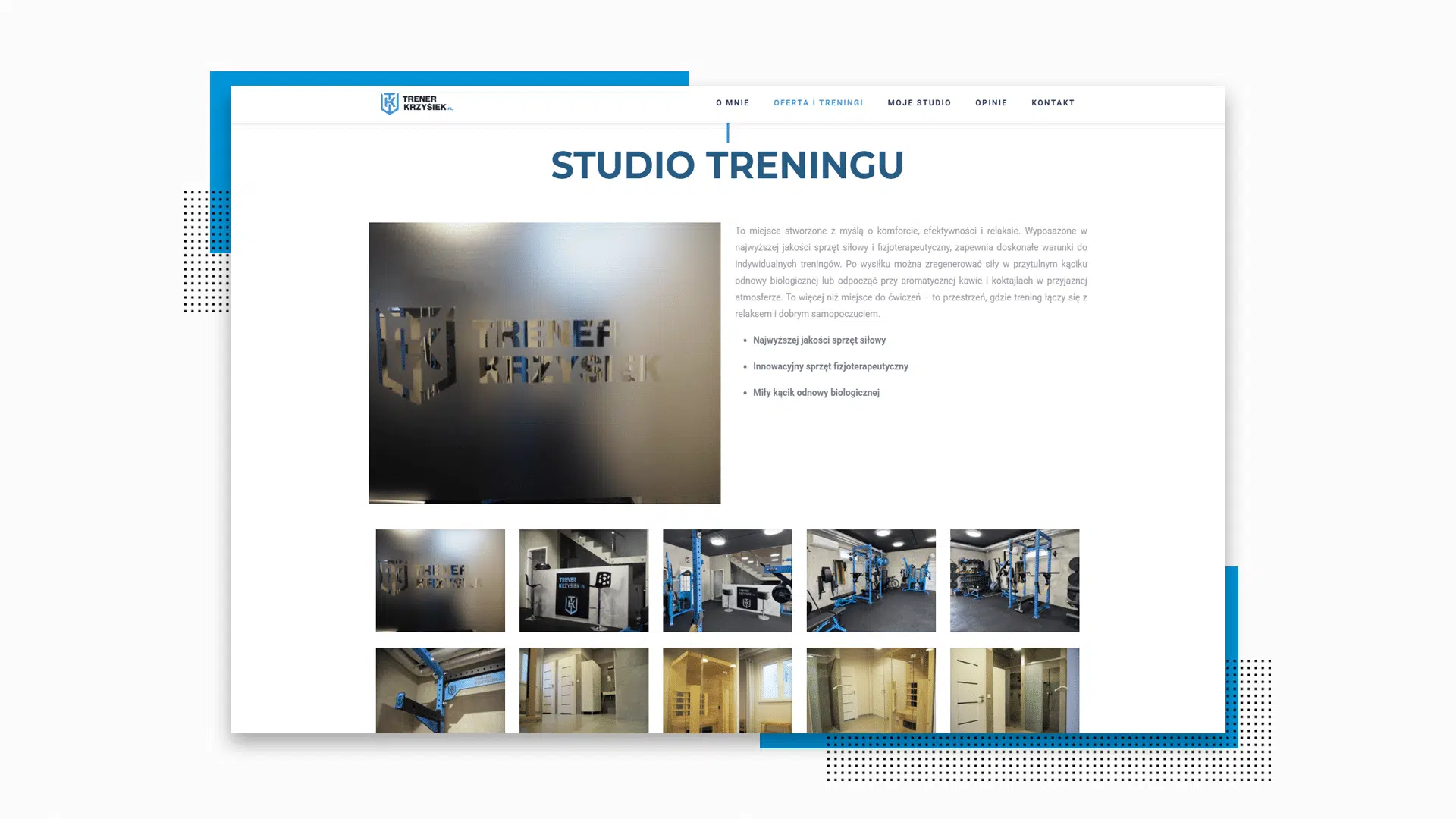 Zrzut ekranu strony Studio Treningu z galerią wnętrza siłowni i opisem oferty