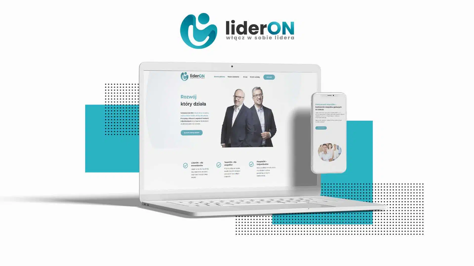 Makieta strony liderON na laptopie i smartfonie, z dwoma biznesmenami na ekranie i turkusowymi akcentami