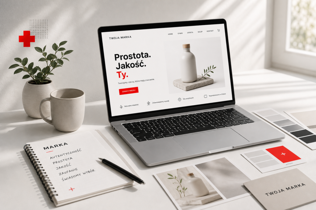 Projektowanie strony internetowej z wyraźnym charakterem marki na ekranie laptopa