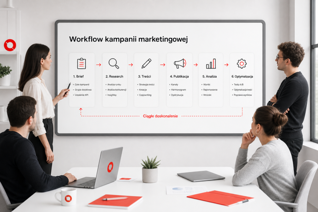 Schemat workflow kampanii marketingowej z etapami od briefu do optymalizacji