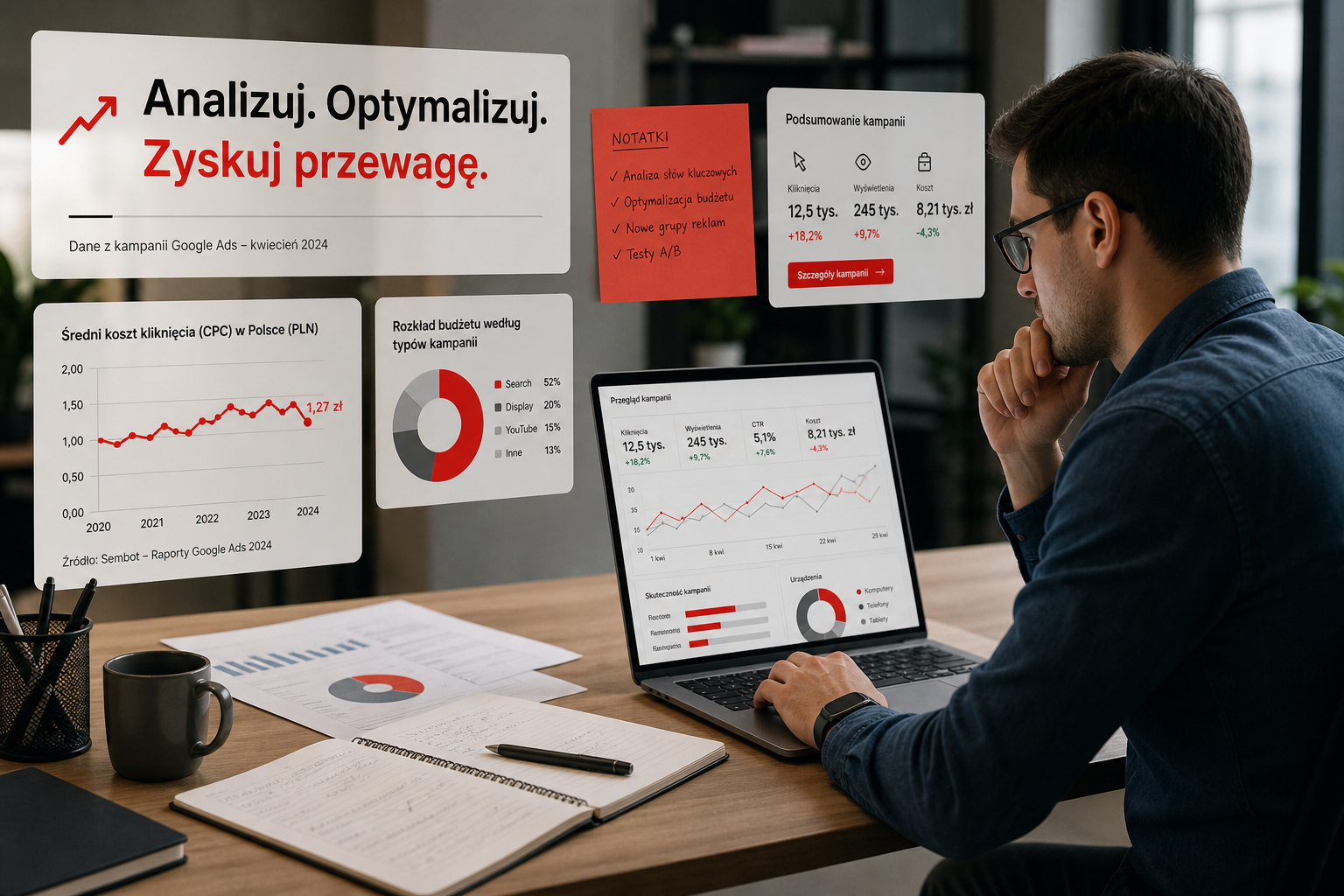 Specjalista analizujący wyniki kampanii i treści na laptopie