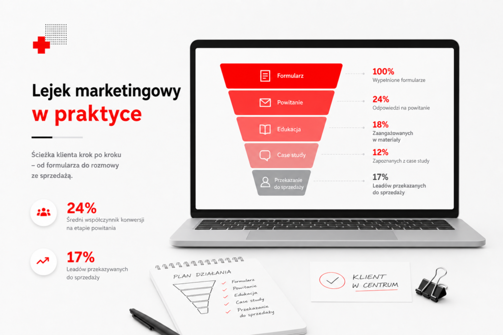 Workflow e-mail marketingu z tabelą etapów i automatycznymi triggerami