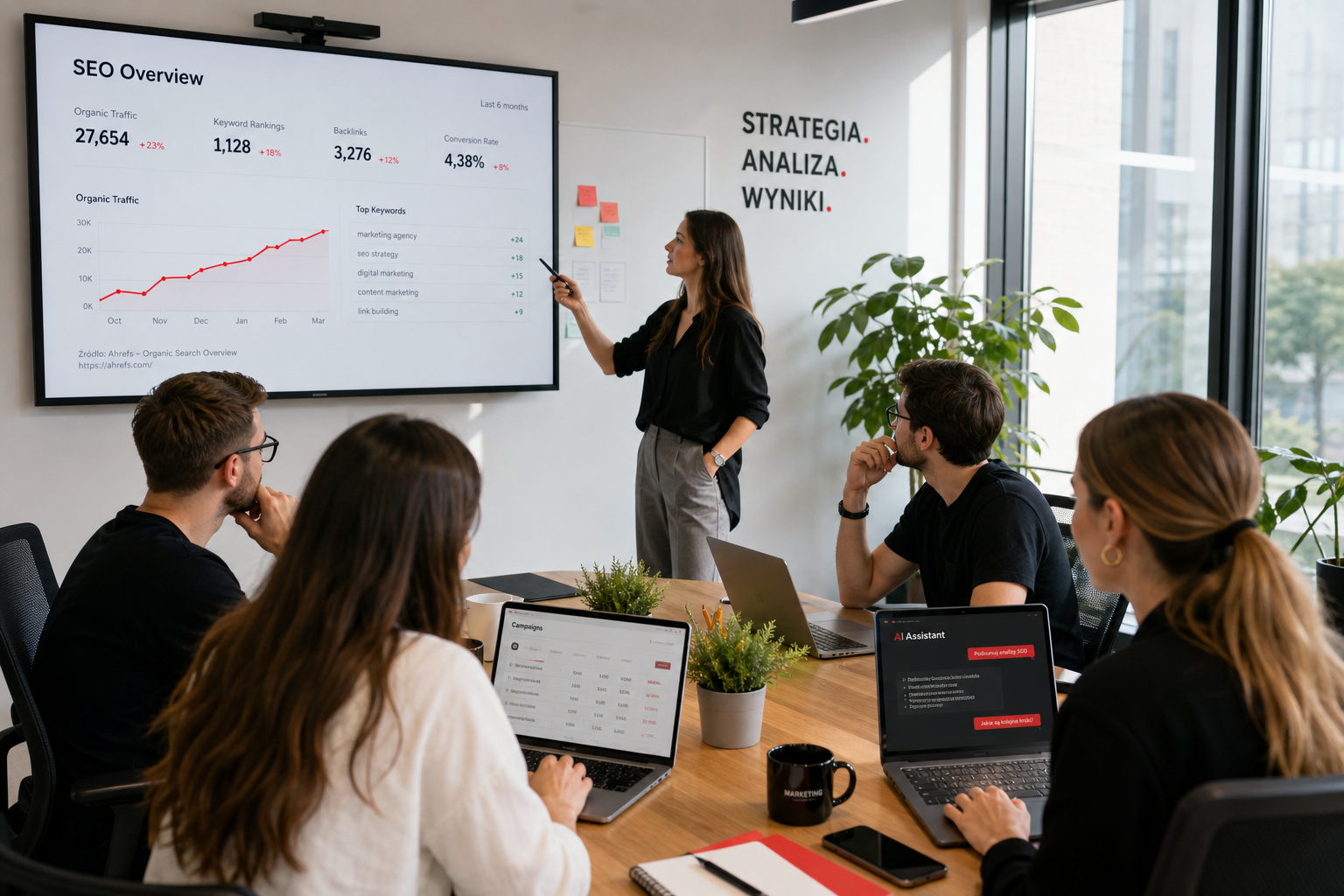 Zespół marketingowy łączący SEO, reklamy i narzędzia AI przy jednym stole