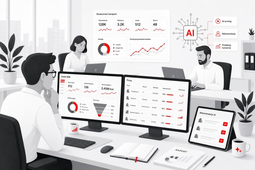 Zespół marketingu B2B analizujący leady z pomocą AI przy komputerach