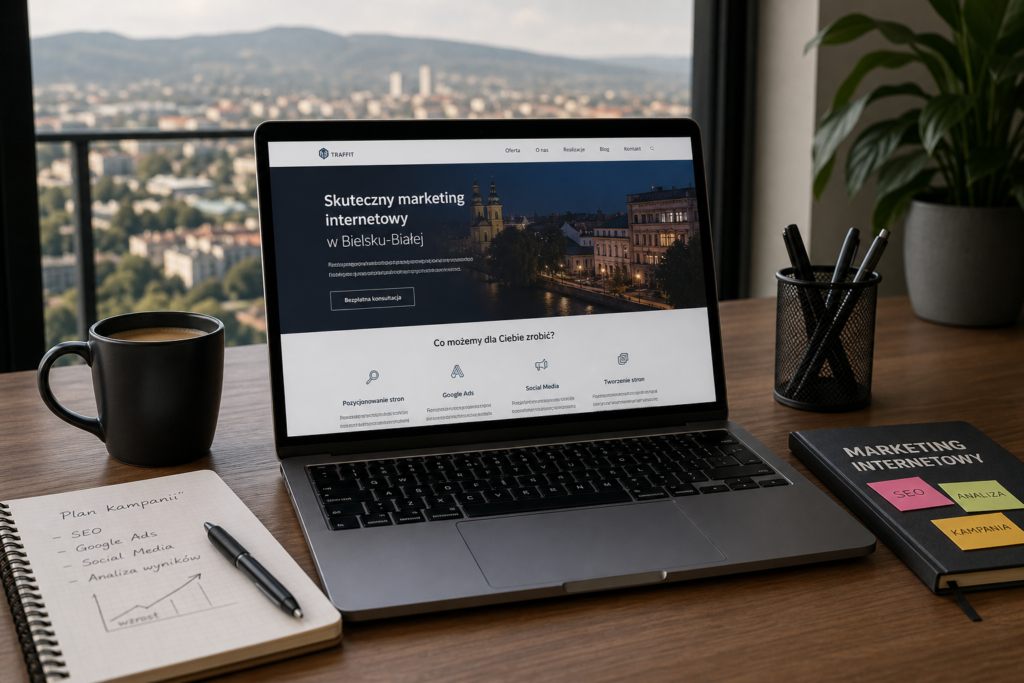 Nowoczesna strona internetowa dla firmy z Bielska-Białej na ekranie laptopa w przestrzeni biurowej