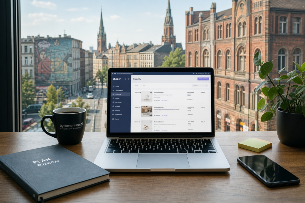 Nowoczesna strona internetowa i sklep online widoczne na ekranie laptopa, z miejskim klimatem Bytomia w tle