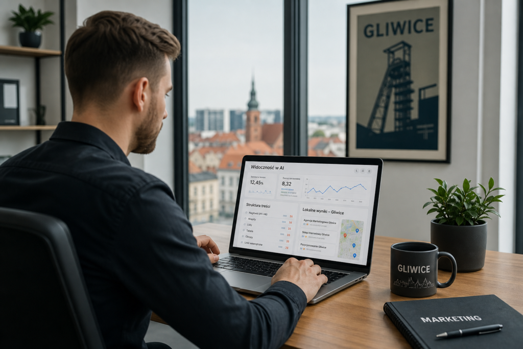 Specjalista analizujący widoczność strony firmy w narzędziach AI na tle miejskiego biura w Gliwicach
