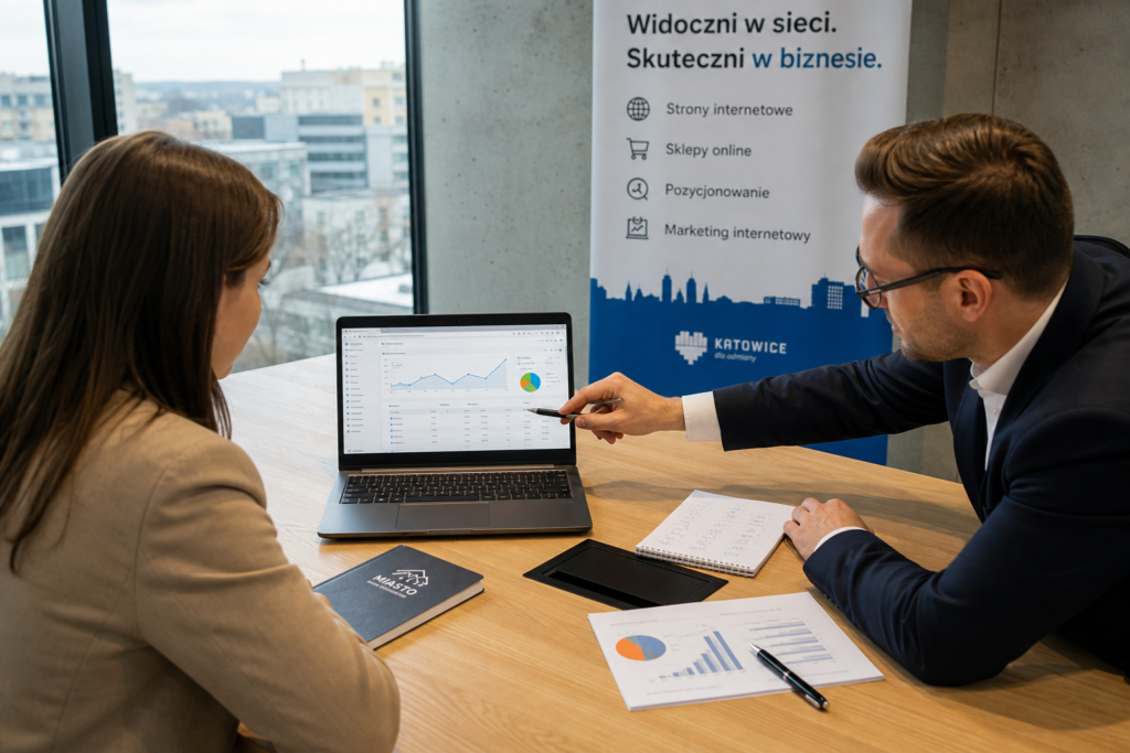 Specjalista omawiający strategię strony i SEO dla firmy ze Śląska