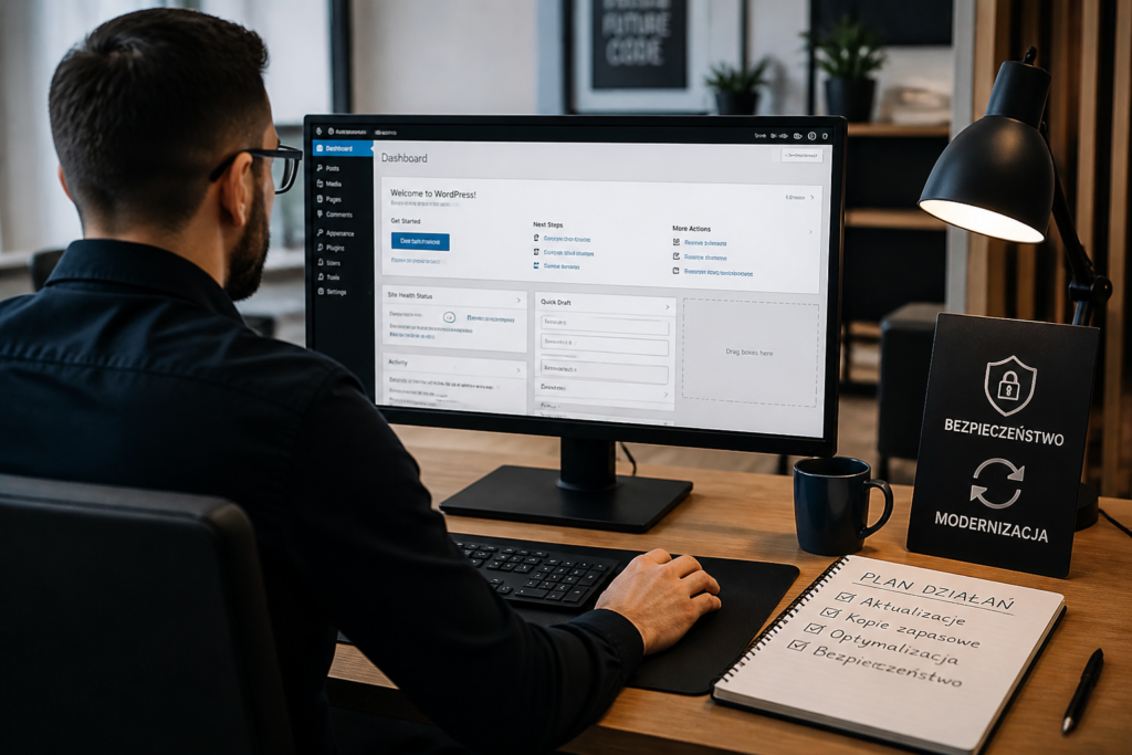 Specjalista sprawdzający panel administracyjny WordPress przy pracy nad stroną firmową