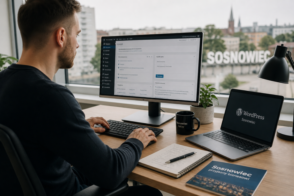 Specjalista sprawdzający stronę WordPress dla firmy z Sosnowca przy biurku