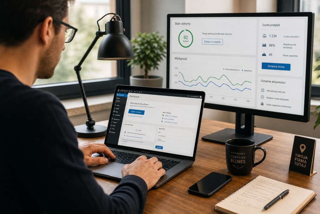 Specjalista WordPress analizujący panel administracyjny i ustawienia strony firmowej